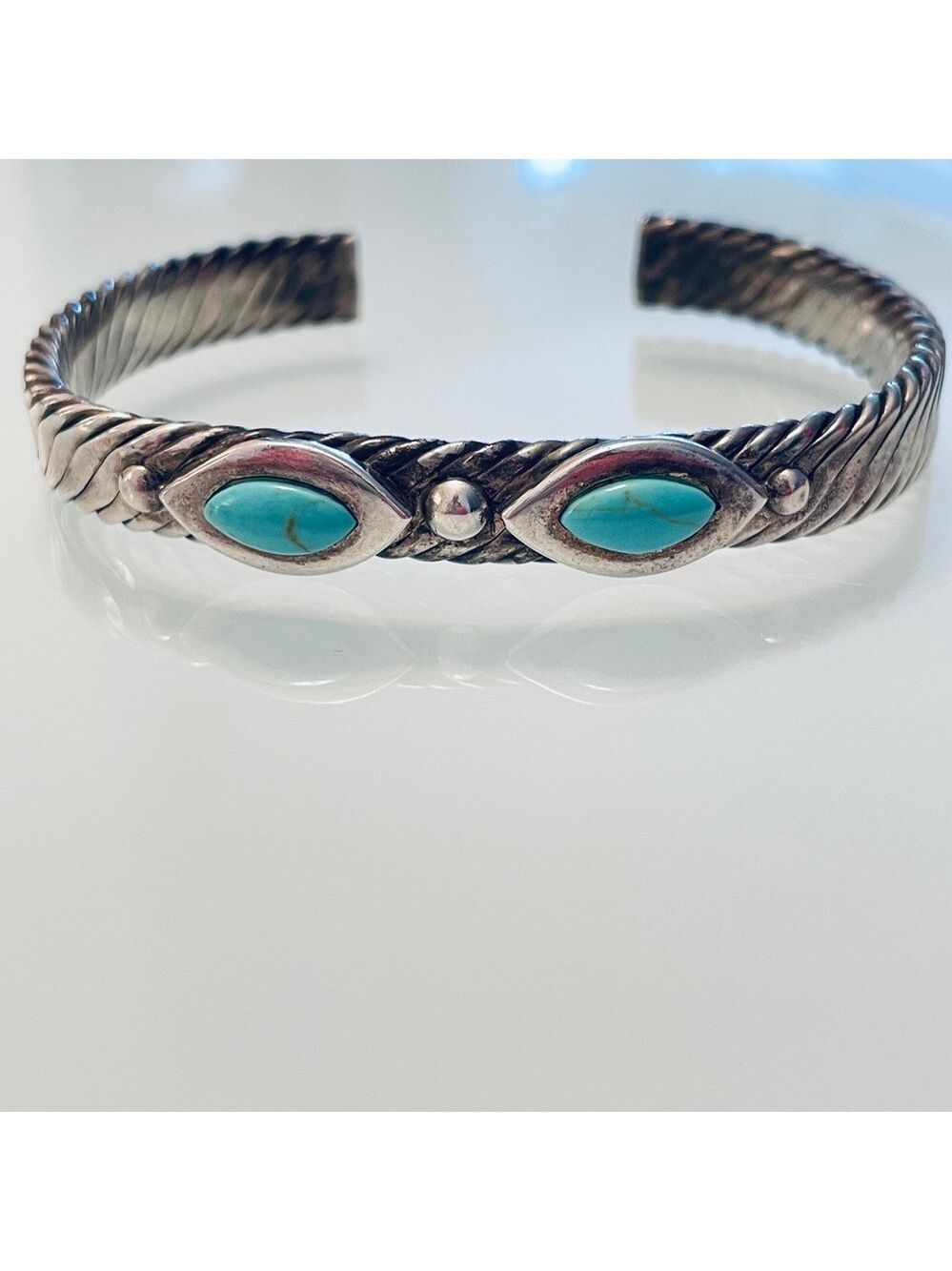 Vintage Mexico Turquoise Cable Design Cuff Bracelet in 925 Sterling Silv… - Picture 1 of 9